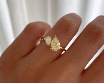 1.5ct Birne geschnitten Toi Et Moi Verlobungsring, Moissanite Brautring, Zwei Stein Ehering Gelb Citrin Ring, Citrin Toi Et Moi Ring