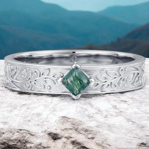 Green Moss Agate Mens Wedding Band: 14k White Gold Leaf Ring