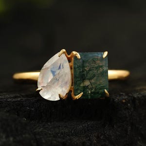 Toi et Moi Moss Agate & Moonstone Ring: 14k Solid Gold Two Stone Engagement