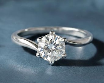 14K Solid Gold 6-Prong Round Cut Solitaire Moissanite Engagement Ring 1 CT - 2 CT - 1.5 CT Dainty Moissanite Ring Gold Promise Ring For Her