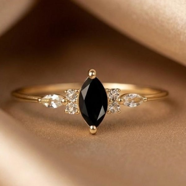 Black Onyx Marquise Ring, Minimalist Onyx Engagement Ring, Round Diamond Accent Stone Ring Modern Solitaire Onyx Ring, 14K Yellow Gold Ring
