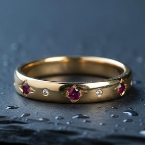 Fede nuziale in oro massiccio 14k con rubini: anello impilabile con pavé