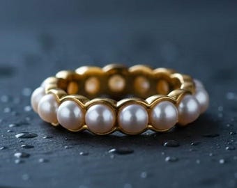 Aliança de casamento em ouro maciço 14K com pérolas: Anel de compromisso de eternidade completa