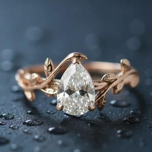 Vintage pear moissanite engagement ring rose gold leaf flower nature inspired ring women unique cluster diamond bridal wedding ring for her