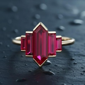 Hexagon Ruby Engagement Ring: Rose Gold Art Deco Baguette Bridal Ring
