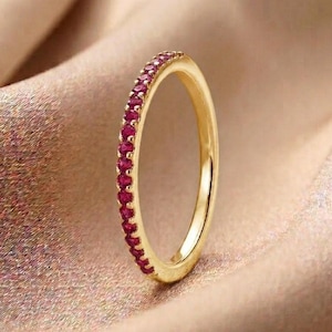 14k Solid Gold Ruby Ring / Half Eternity Ruby Ring Micro Pave Set / Stackable Natural Genuine Ruby Ring / July Birthstone Ring