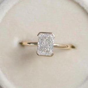 3CT Radiant Moissanite Engagement Ring: 14K Yellow Gold Half Bezel Solitaire
