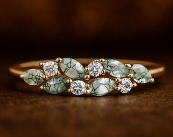 Marquise Moss Agate Wedding Band, Bridal Cluster Moissanite Ring