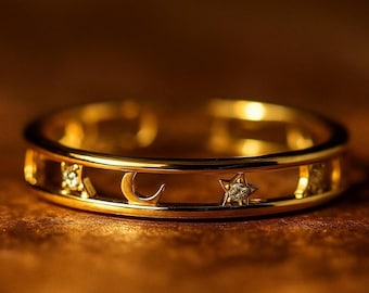 Fede nuziale unica, fede nuziale a forma di stella, fede nuziale con luna celeste, anello per anniversario in oro massiccio, anello con promessa boho, fede nuziale con diamanti per donna