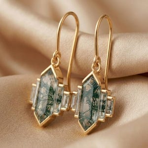 Boucles d'oreilles Art déco en agate mousse | Pendants d'oreilles géométriques en or | Bijoux suspendus faits main | Cadeau original pour elle | Cadeau petite amie