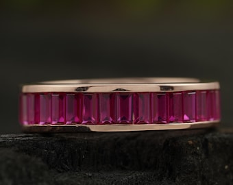 14k Solid Gold Ruby Eternity Ring, Baguette Stacking Band