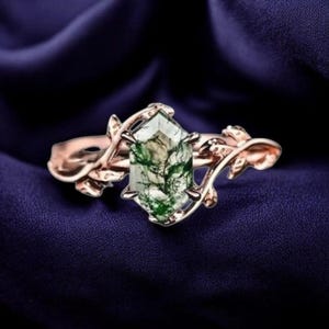 Hexagon Moss Agate Ring: Sterling Silver Branches Leaf Nature