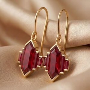 Hexagon Cut Ruby Dangle Earrings: Sterling Silver Gold Plated July Birthstone Dainty Earrings Hexagon & Baguette Ruby Droop Earring For Her