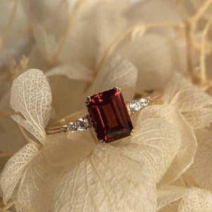 Emerald Cut Garnet Ring: Red Gemstone, Yellow Gold Filled
