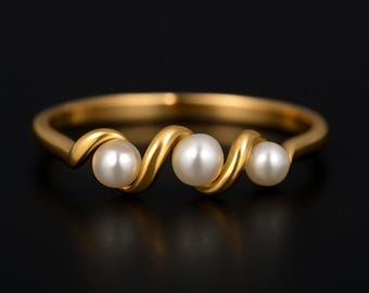 Aliança de casamento delicada de pérolas Akoya: anel de ouro maciço 14k