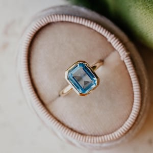 Emerald Cut Swiss Blue Topaz Ring: Bezel Set Sterling Silver
