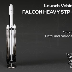 Może przedstawiać: Biało-czarny model rakiety Falcon Heavy STP-2. Model wykonany jest z metalu i materiałów kompozytowych i dostępny jest w skalach 1/250, 1/144, 1/100 i 1/72.