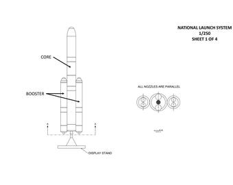 Pode incluir: Um desenho técnico de linha de um foguete National Launch System na escala 1/250, folha 1 de 4. O diagrama mostra um núcleo central, dois propulsores laterais e uma base. Uma vista de corte transversal A-A mostra que os bocais são paralelos.