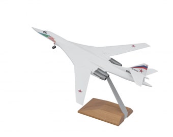 Pode incluir: Modelo de avião branco com estrelas vermelhas e o texto "BBC" e "RF-84105" no lado. O avião está em um suporte de madeira.