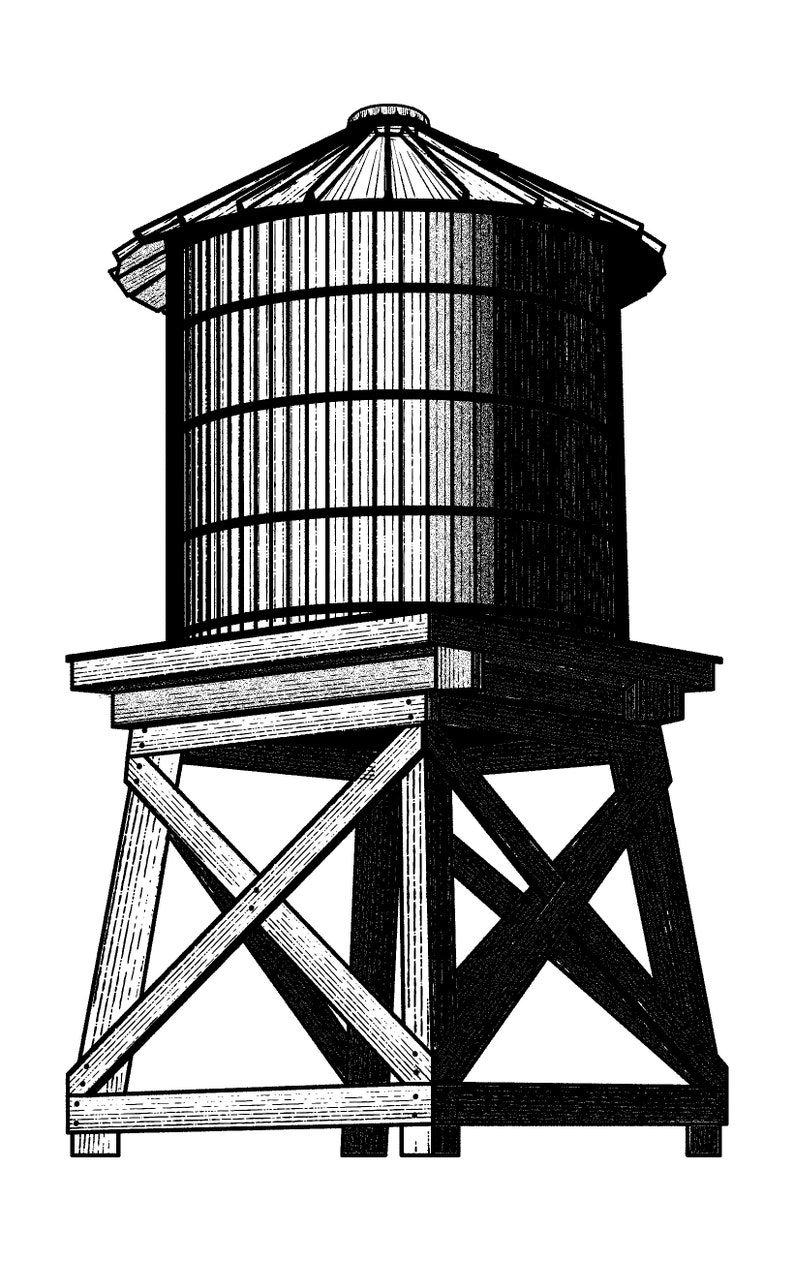 May include: Black and white illustration of a water tower. The water tower has a cylindrical tank with a conical roof, supported by a wooden frame. The frame is constructed with cross-bracing for stability.
