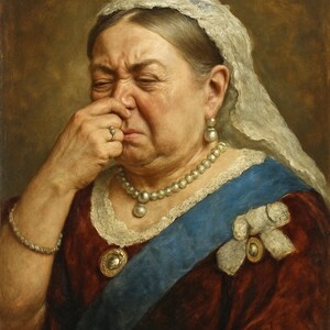 May include: A portrait of a woman wearing a crown and jewelry, with a blue sash and a red dress. She is holding her nose with a look of disgust. The background is a dark brown.
