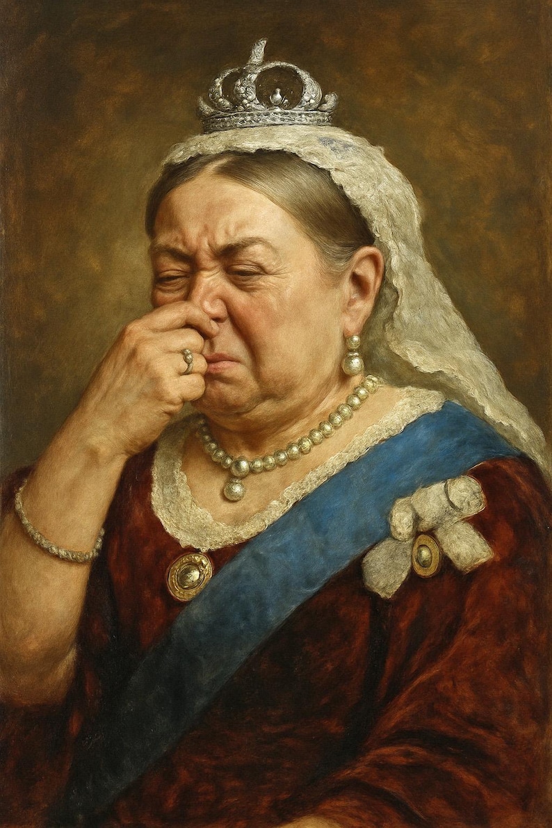 May include: A portrait of a woman wearing a crown and jewelry, with a blue sash and a red dress. She is holding her nose with a look of disgust. The background is a dark brown.