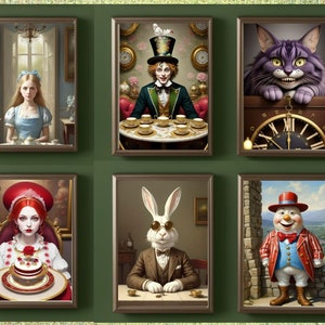 Puede incluir: Seis pinturas enmarcadas que representan personajes de Alicia en el País de las Maravillas. Las pinturas presentan a Alicia, el Sombrerero Loco, el Gato de Cheshire, la Reina de Corazones, el Conejo Blanco y la Liebre de Marzo.