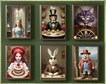 Wonderland Alice Mad Hatter Cheshire Cat Queen of Hearts White Rabbit Humpty Dumpty Quirky Art Prints A4