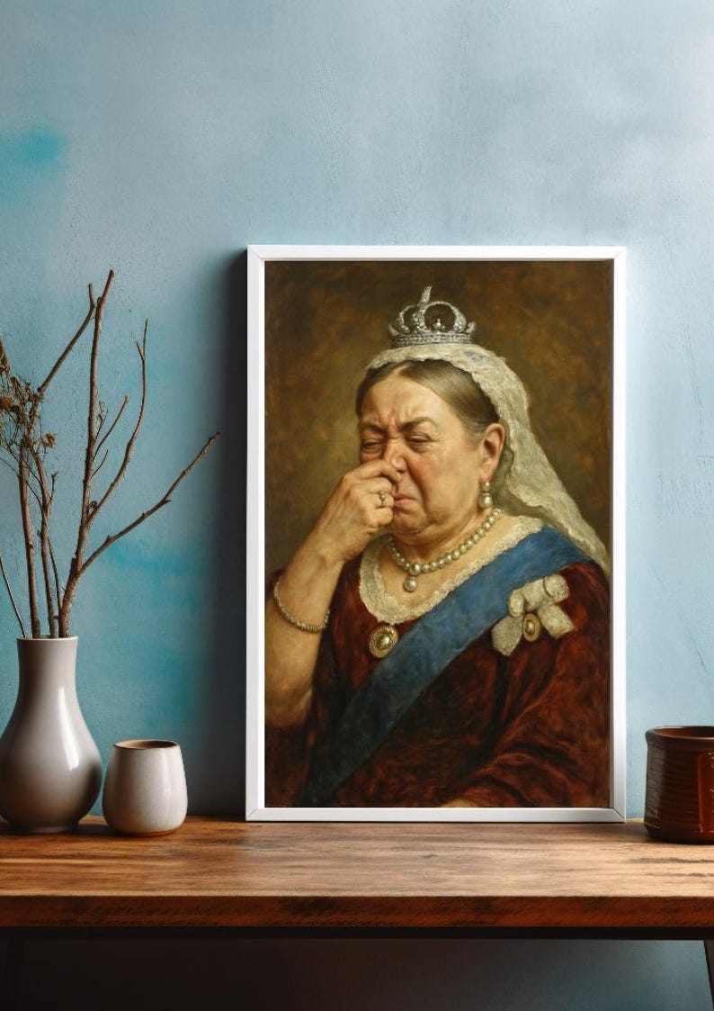 May include: Framed portrait of a woman in a crown and jewels, pinching her nose. The painting features a dark red dress, a blue sash, and a white lace veil. The artwork is displayed on a wooden surface.