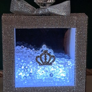 Romany Bling Silver Princess Perfume Bottle Shadow Box Art LED Sparkle Diamonte Gift