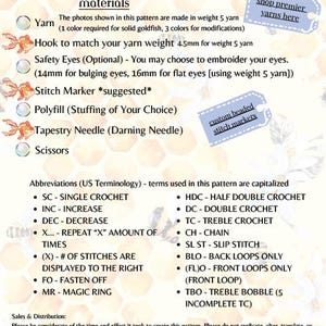May include: A crochet pattern materials list with text and illustrations. Includes yarn, hook, safety eyes, stitch marker, polyfill, tapestry needle, and scissors. Also includes crochet abbreviations. The text reads "shop premier yarns here" and "custom beaded stitch markers".