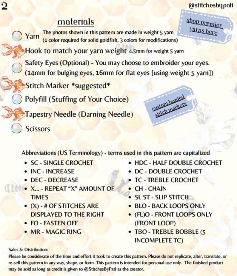 May include: A crochet pattern materials list with text and illustrations. Includes yarn, hook, safety eyes, stitch marker, polyfill, tapestry needle, and scissors. Also includes crochet abbreviations. The text reads "shop premier yarns here" and "custom beaded stitch markers".