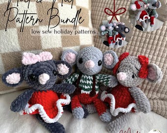 May include: Three crocheted plush mice dressed in Christmas outfits. The mice are gray with pink noses and ears. One mouse is wearing a red dress with white trim, another is wearing a green and white checkered sweater, and the third is wearing a red dress with a red bow. The text "The Christmas Mice" is written below the mice.