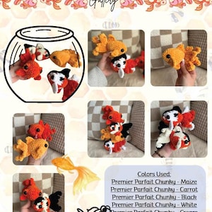 May include: A collection of handmade crochet goldfish in various colors, including orange, white, black, and yellow. The image includes a drawing of a fishbowl and several close-up shots of the fish. The text "Gallery" is at the top.