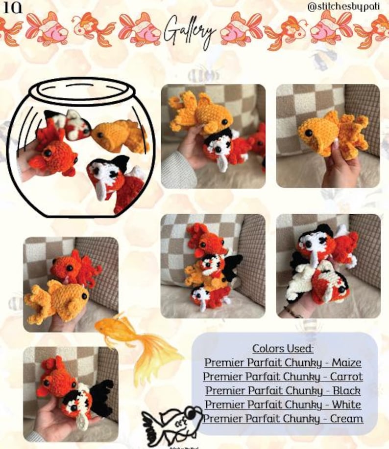 May include: A collection of handmade crochet goldfish in various colors, including orange, white, black, and yellow. The image includes a drawing of a fishbowl and several close-up shots of the fish. The text "Gallery" is at the top.