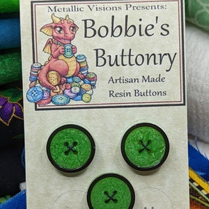 15mm W4 Buttons Handmade Resin Green Shimmer Black Trim 3 pack from Bobbie&#39;s Buttonry