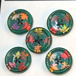 15mm D1 Buttons Handmade Resin Autumn leaves on shimmering Green 7 pack From Bobbie&#39;s Buttonry