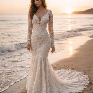 Vestido de novia de encaje de manga larga con apliques florales, vestido de novia estilo sirena con escote en V y cola