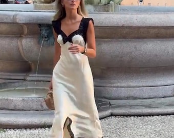 Elegante abito midi in raso con finiture in pizzo nero, abito sottoveste in stile vintage, abito da cocktail estivo, outfit chic minimalista, abito da damigella d'onore.