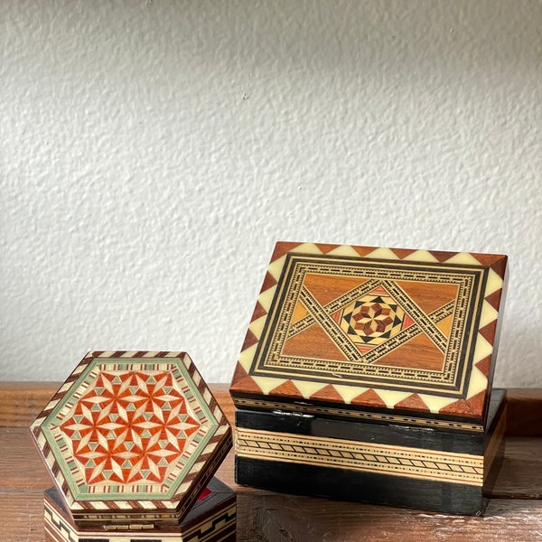 Set of Two Vintage Intricate Inlaid Wood and/or Bone Mosaic Marquetry Trinket/Jewelry Boxs One Stamped Taracea Made In Spain