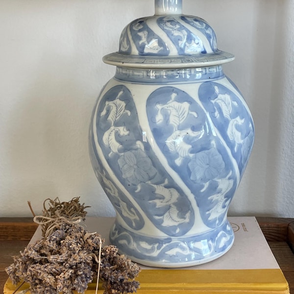 Blue & White Ginger Jar with Lid | Chinoiserie Ceramic Vase | French Cottage Decor | Grandmillennial | Shelf Styling | Vintage Inspired Home