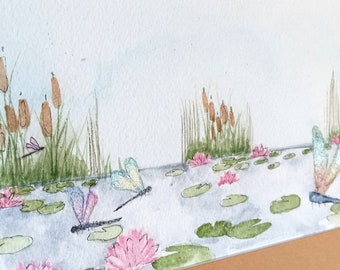 NOT a print- original watercolor painting-dragonflies pond