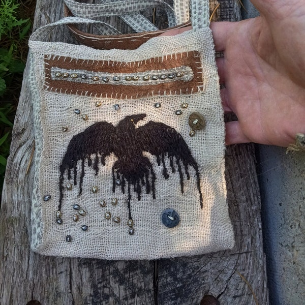 Hand spun, hand woven, raven linen belt/sling bag