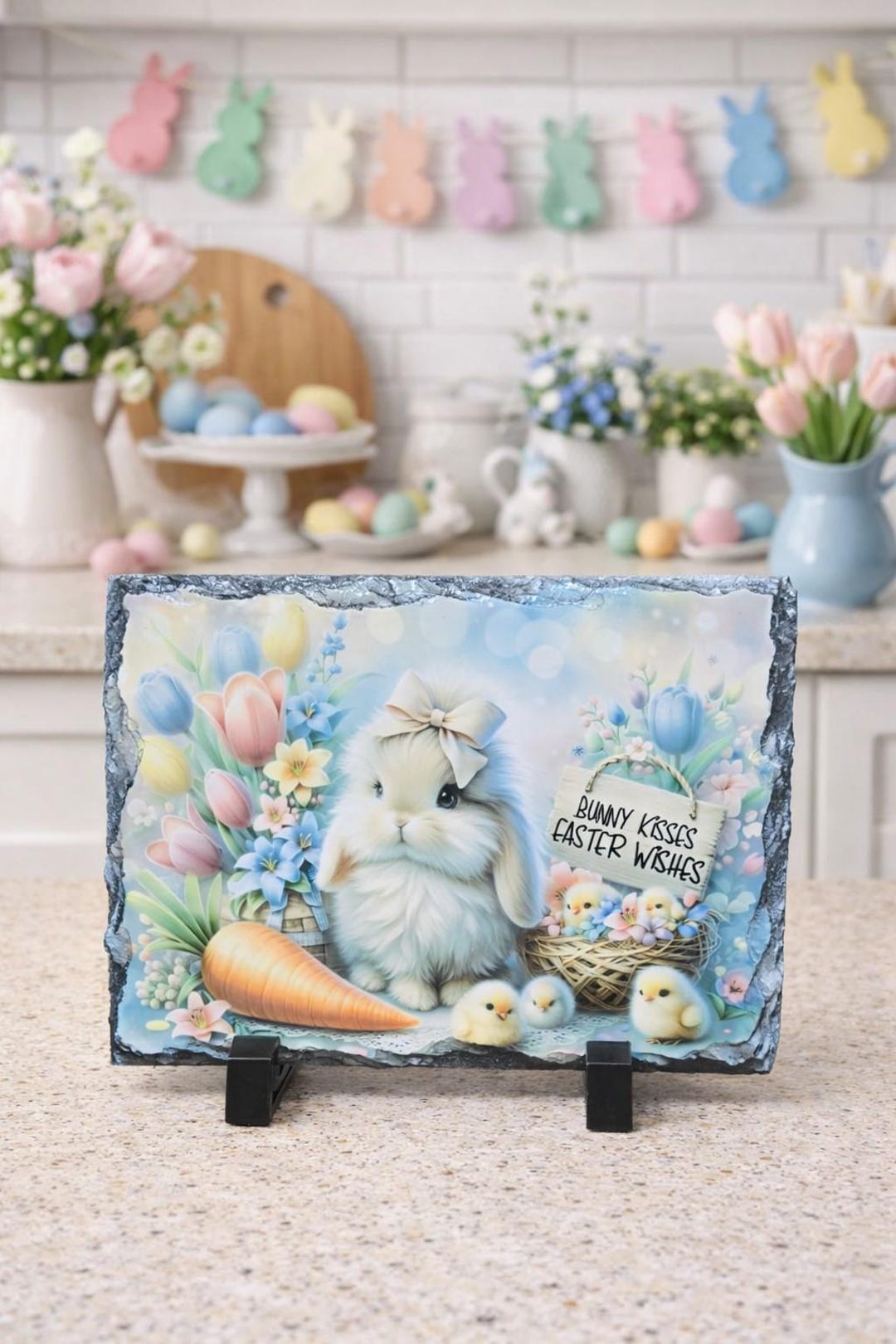 Bunny Kisses Easter Wishes Rock Slate, Easter, Sign, Spring Scenery ...