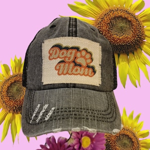 Dog Mom Trucker Hat, Ponytail Hat, Womens / Men&#39;s Low Profile, Vintage, Washed Frayed Cotton Blend Twill Mesh, Patch Cap
