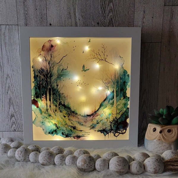 Summer Scene Light Up Shadow Box, Butterfly, Forest, Gift Idea, Mother's Day Gift, Faux Stained Glass