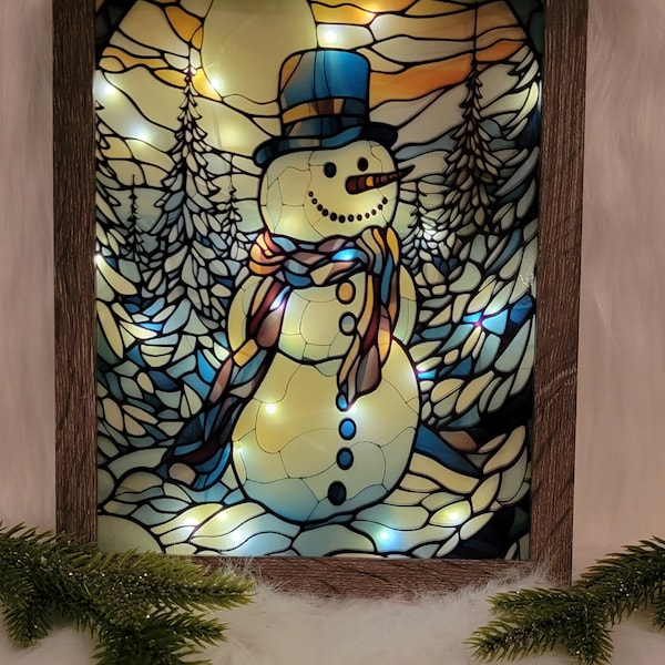 Snowman Light Up Shadow Box, Holiday Decor, Winter Scene, Gift Idea, Christmas Gift, Faux Stained Glass