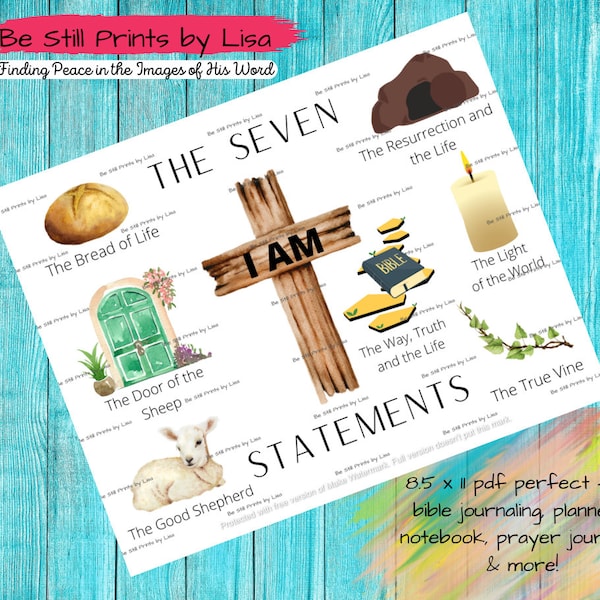 Be Still Prints- "The Seven I AM Statements" Art Printable- Instant Download- Bible Journaling- Planner- Faith Art- Multi Media