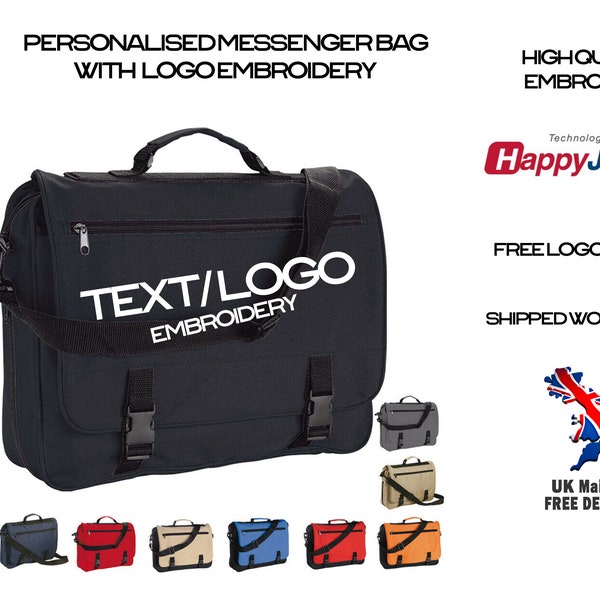 Custom Embroidered Personalised Text or Logo Messenger Bag - Satchel Briefcase Workwear Work College School Utility Shoulder Bag