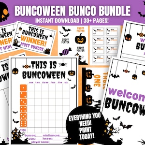 May include: A collection of Halloween-themed Bunco game printables. The bundle includes score sheets, welcome signs, and winner announcements. The designs feature bats, pumpkins, skulls, and the text "Buncoween".